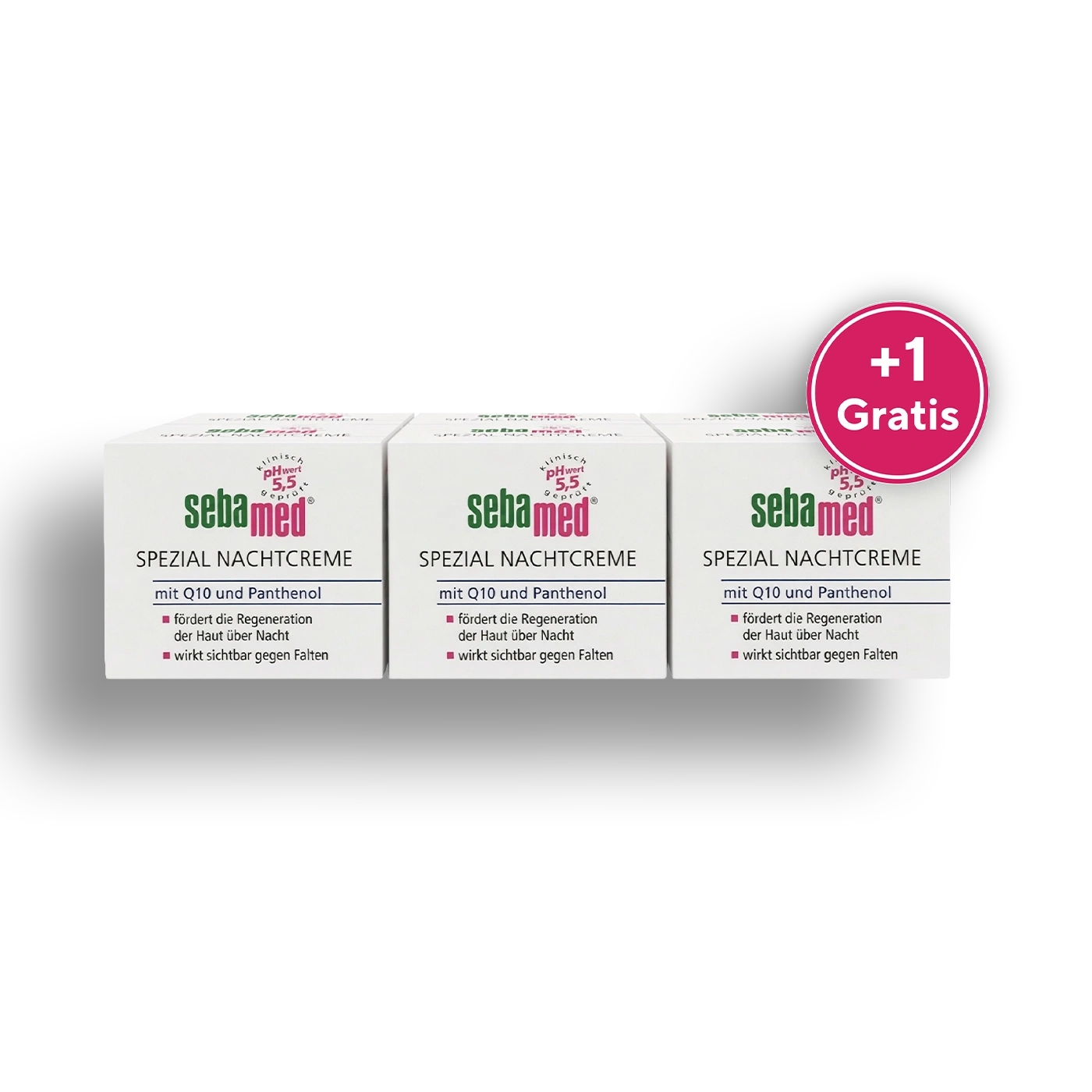 Drei Sebamed Spezial Nachtcreme Packungen mit Gratis Aufkleber.