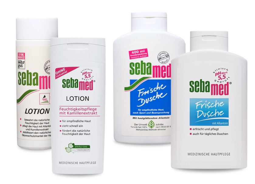 Sebamed Produkte: Lotion, Frische Dusche, Hautpflege für empfindliche Haut.