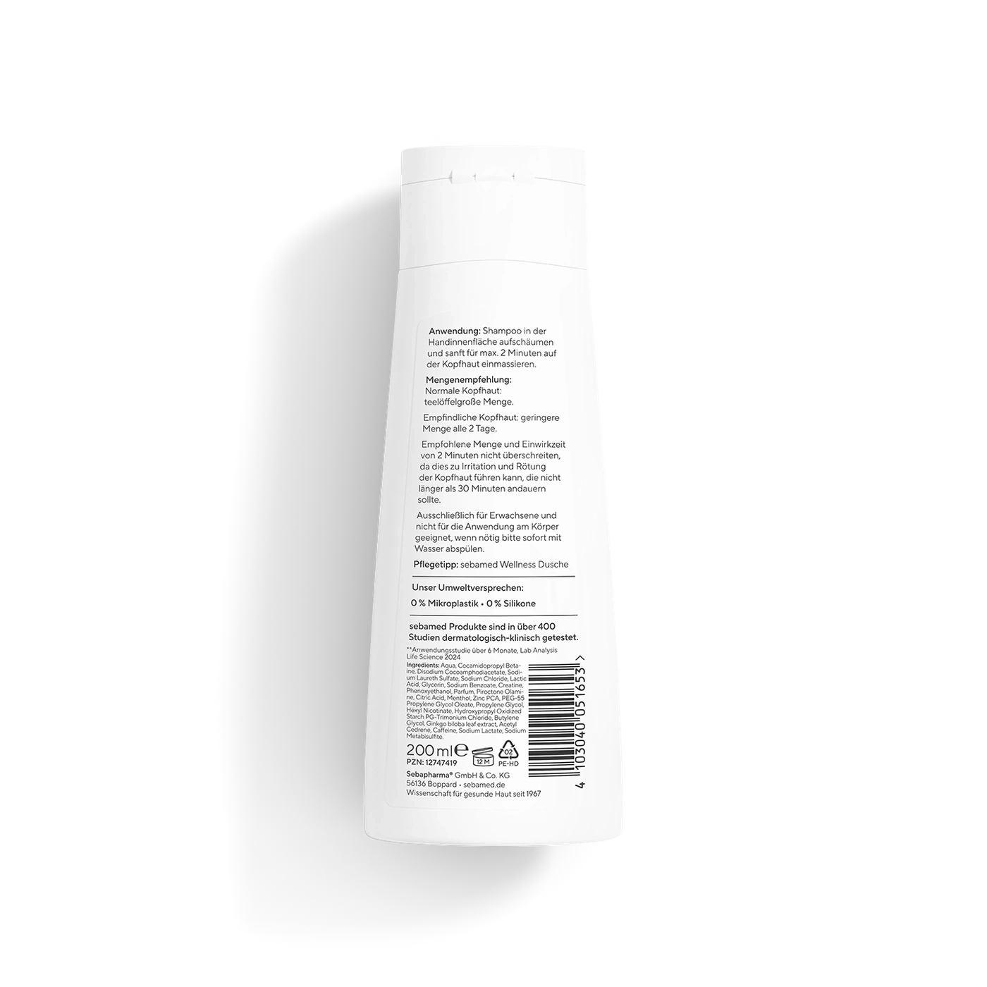 Ein weißer Flakon mit schwarzem Text, der Anweisungen und Inhaltsstoffe enthält.