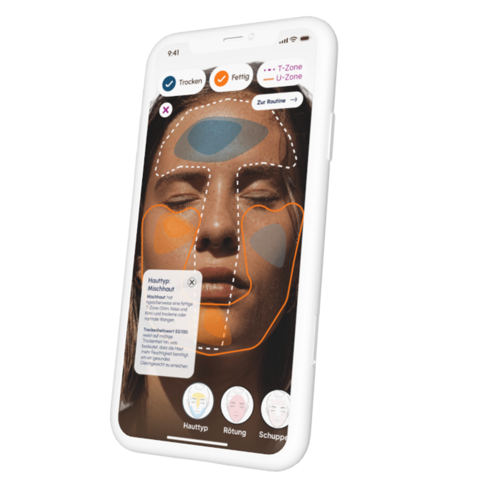 Eine Hautanalyse-App auf einem Smartphone zeigt verschiedene Hautzonen und Hauttypen.