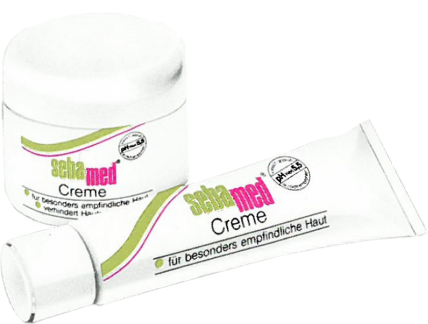 Sebamed Creme für empfindliche Haut, zwei Produkte, weiß, grün, rosa.