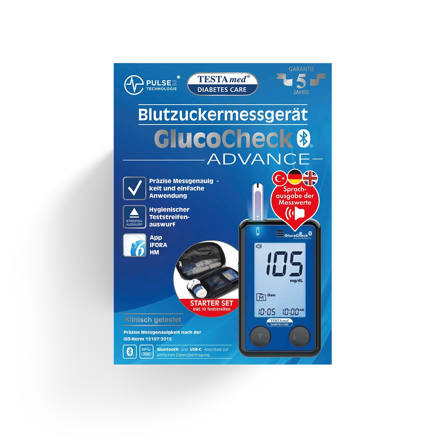 Blutzuckermessgerät GlucoCheck ADVANCE mit Zubehör und 5 Jahre Garantie.