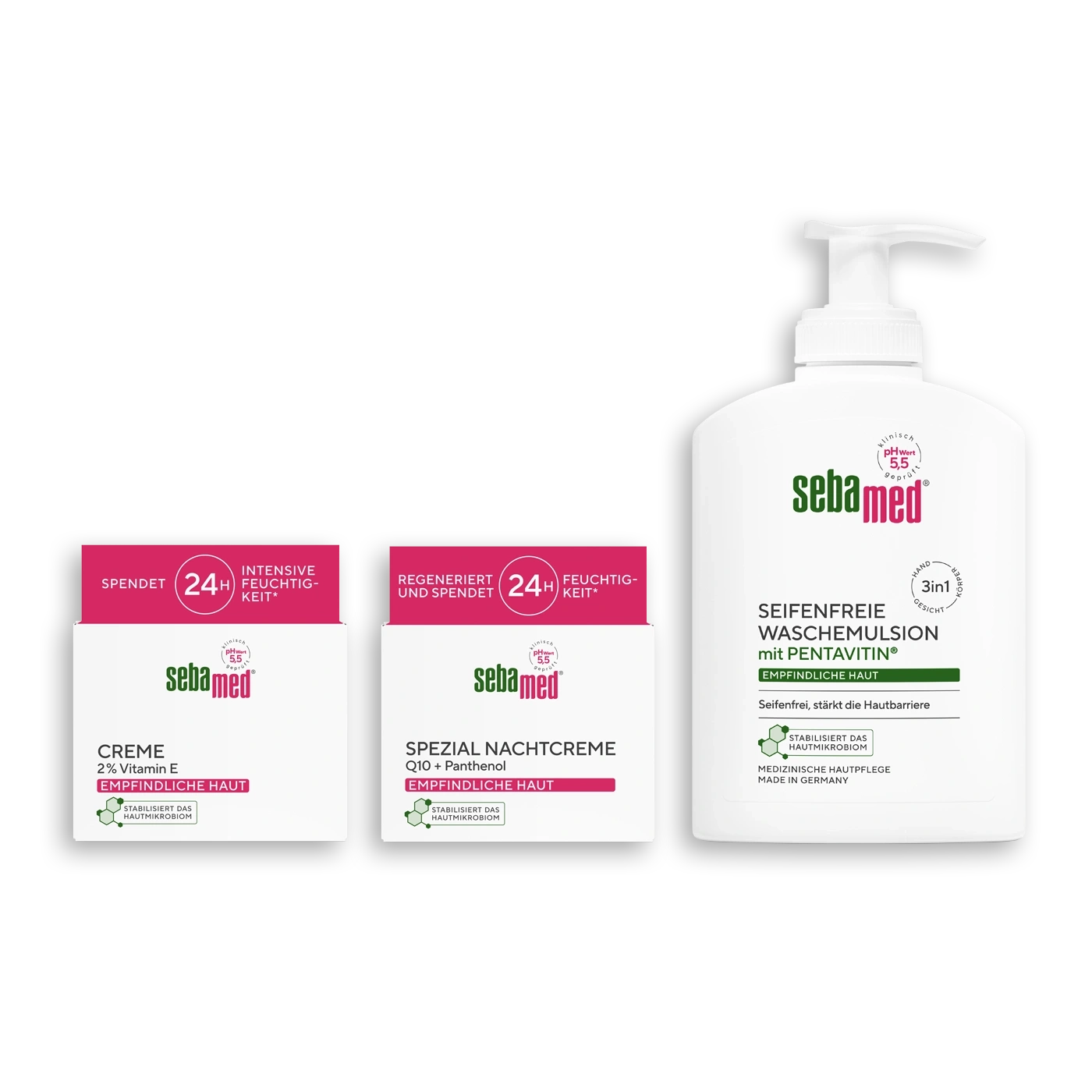 Drei Sebamed Hautpflegeprodukte: Creme, Spezial Nachtcreme und Seifenfreie Waschemulsion.