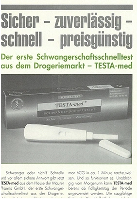 Werbung für Schwangerschaftstest TESTA-med: sicher, schnell, zuverlässig, preisgünstig.