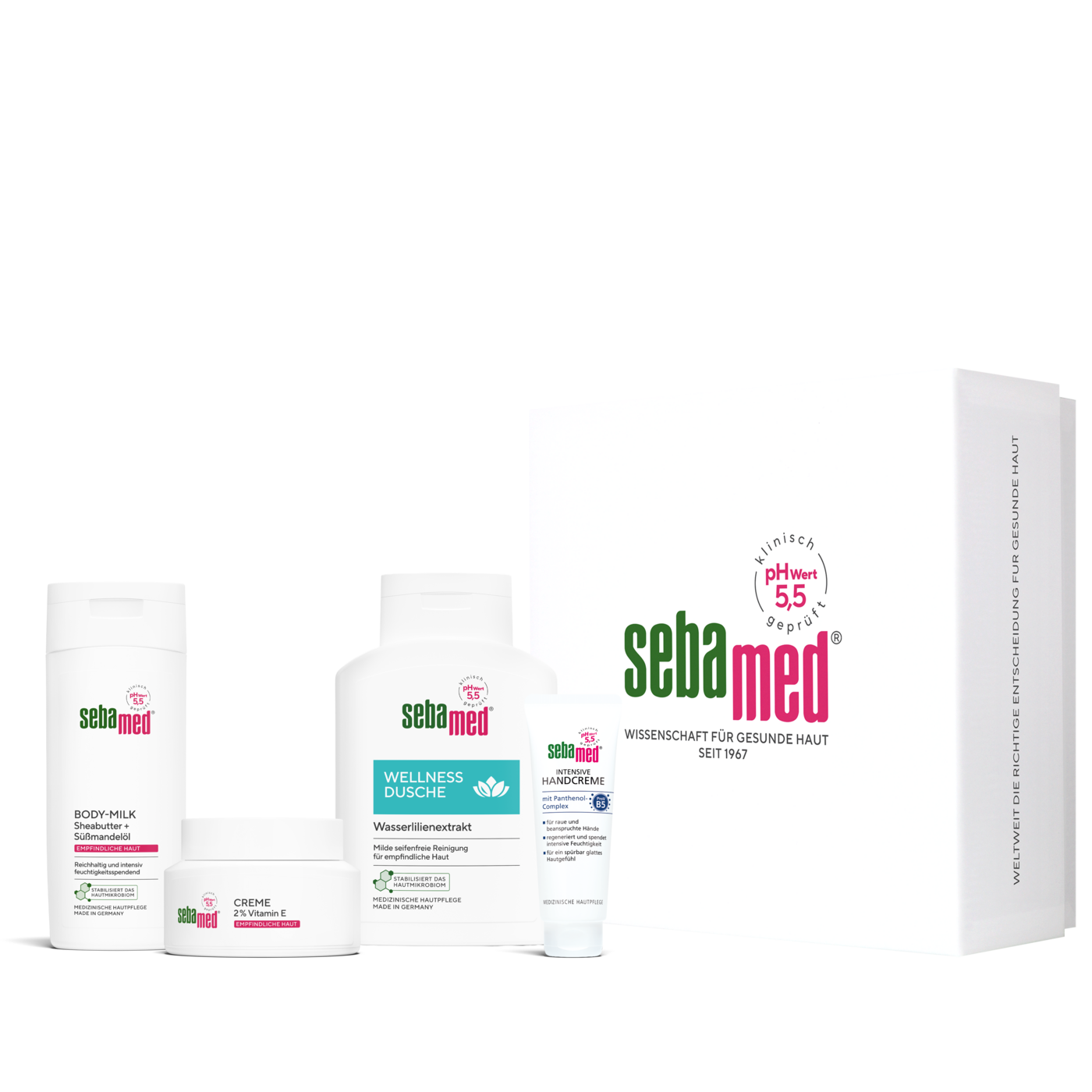 Sebamed Produkte: Body-Milk, Wellness Dusche, Handcreme und Creme mit Vitamin E.