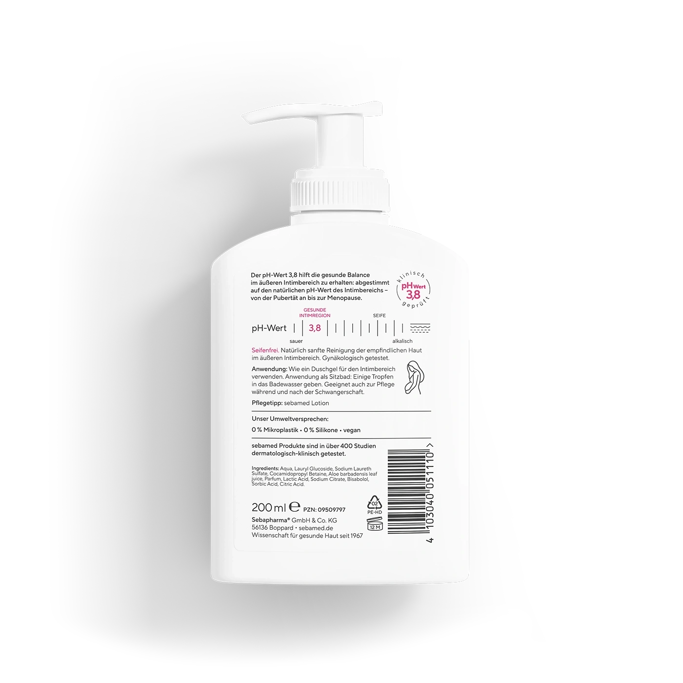 Eine weiße Flasche mit einem Spender für Intimpflege mit der Aufschrift pH-Wert 3,8.