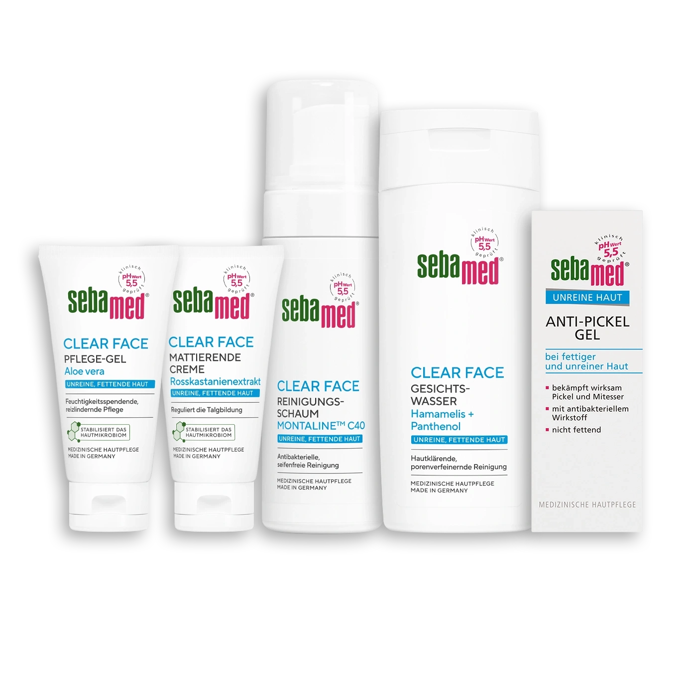 Eine Reihe von Sebamed Clear Face Hautpflegeprodukten für unreine Haut.