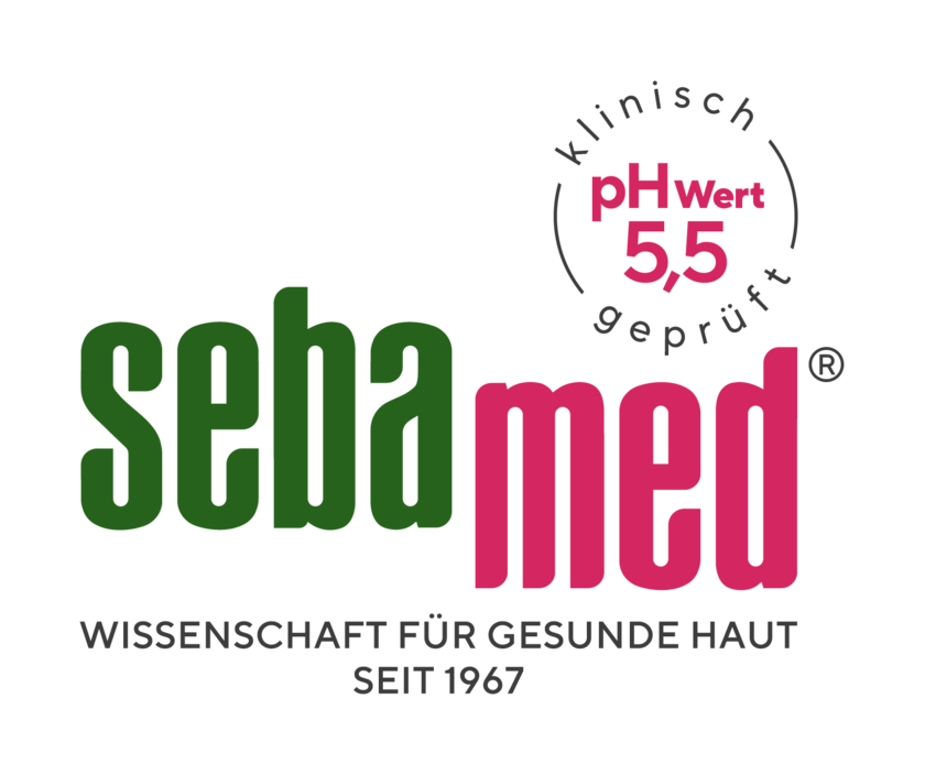 Sebamed Logo mit pH-Wert 5,5 und Text über gesunde Haut seit 1967
