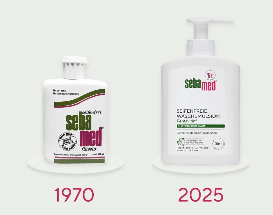 Sebamed Produkte: 1970er und 2025er Jahre, Haar- und Hautwaschemulsion.