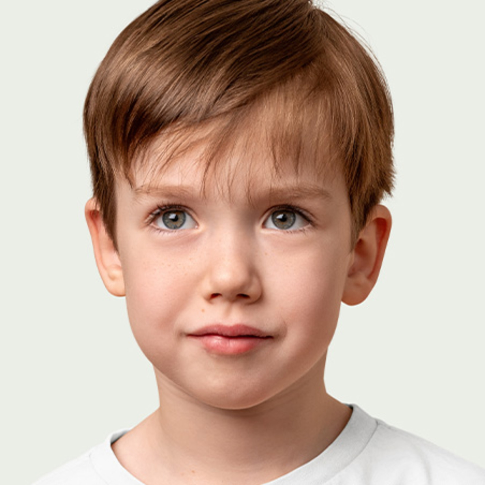 Ein Junge mit braunen Haaren und grauen Augen, der in die Kamera schaut.