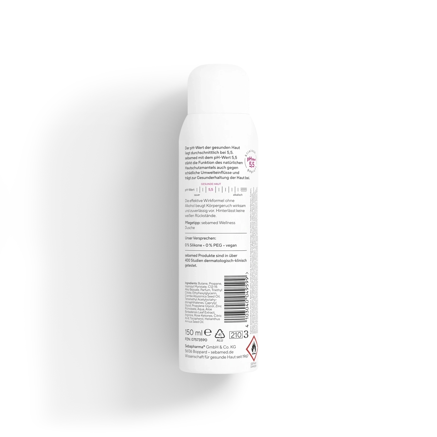 Ein Sebamed Duschspray mit pH-Wert 5,5.