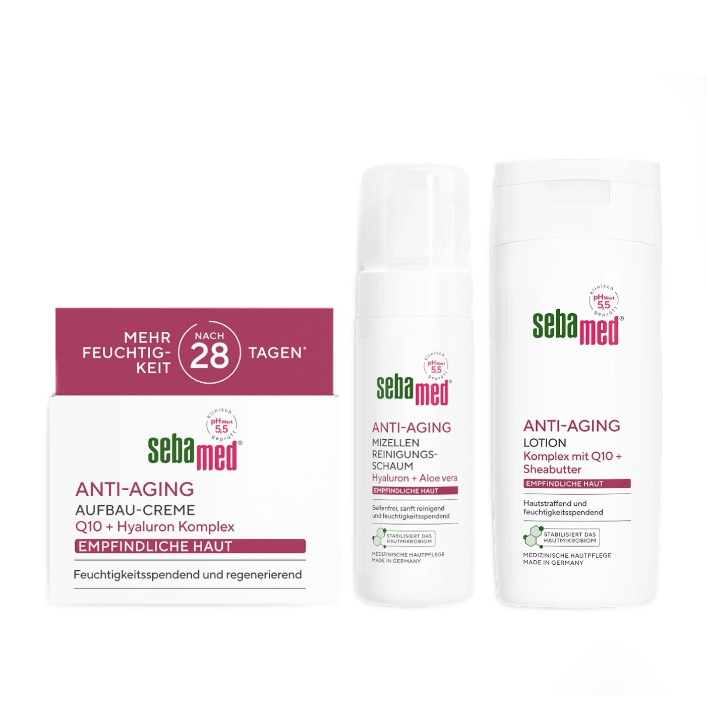 Drei Sebamed Anti-Aging Hautpflegeprodukte: Creme, Reinigungsschaum und Lotion.