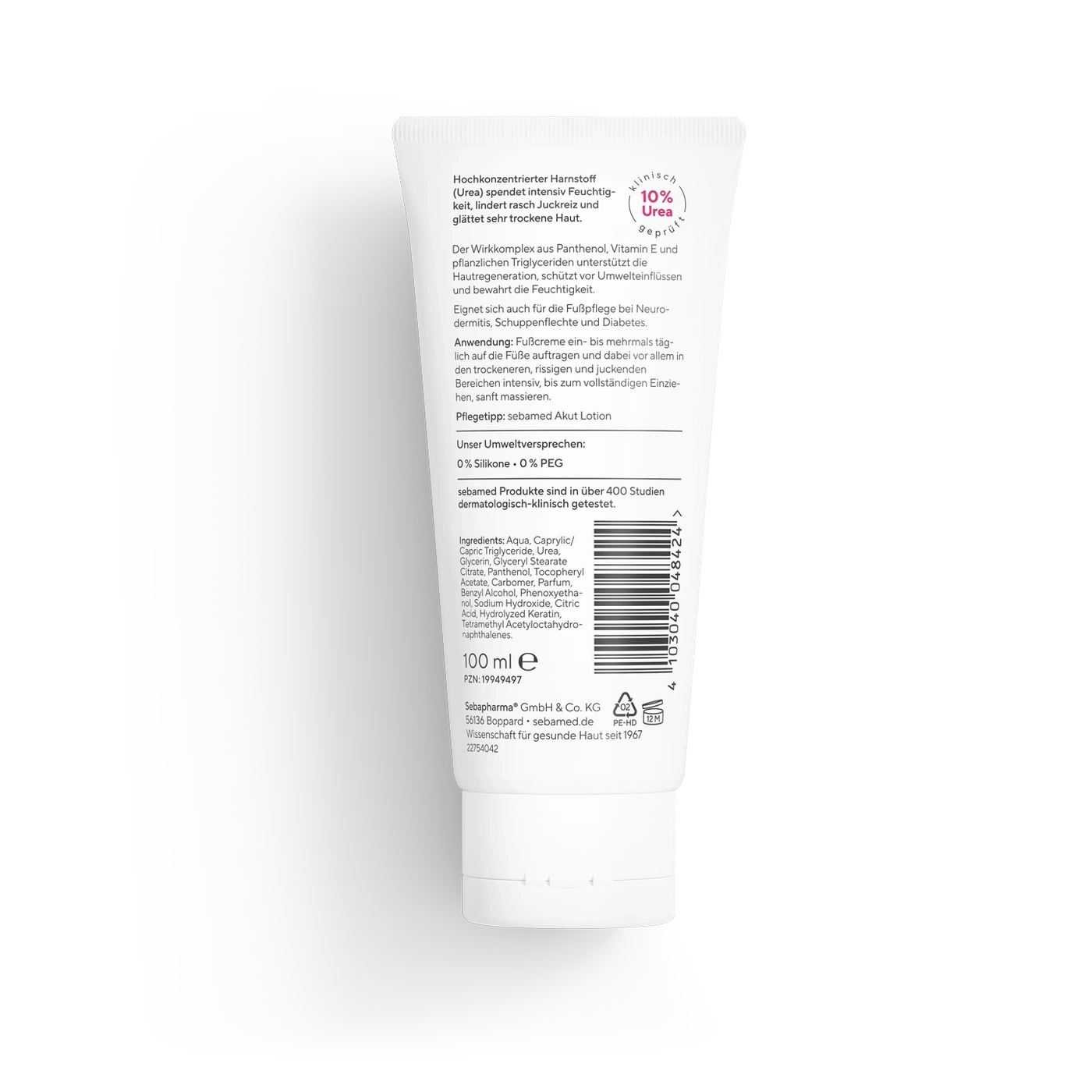 Tube mit Fußcreme, beschriftet mit Inhaltsstoffen, Volumen und Herstellerangaben.