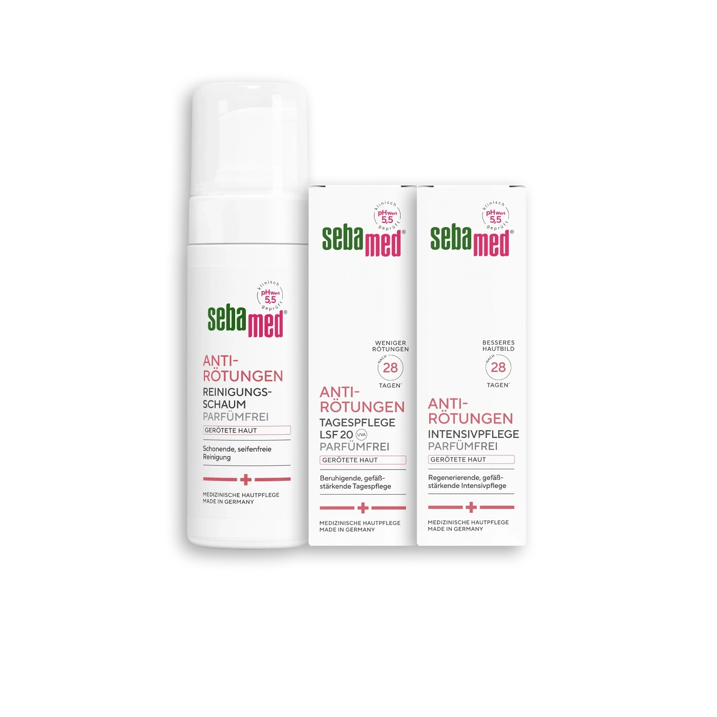 Drei Sebamed Anti-Rötungen Hautpflegeprodukte: Reinigungsschaum, Tagespflege und Intensivpflege.