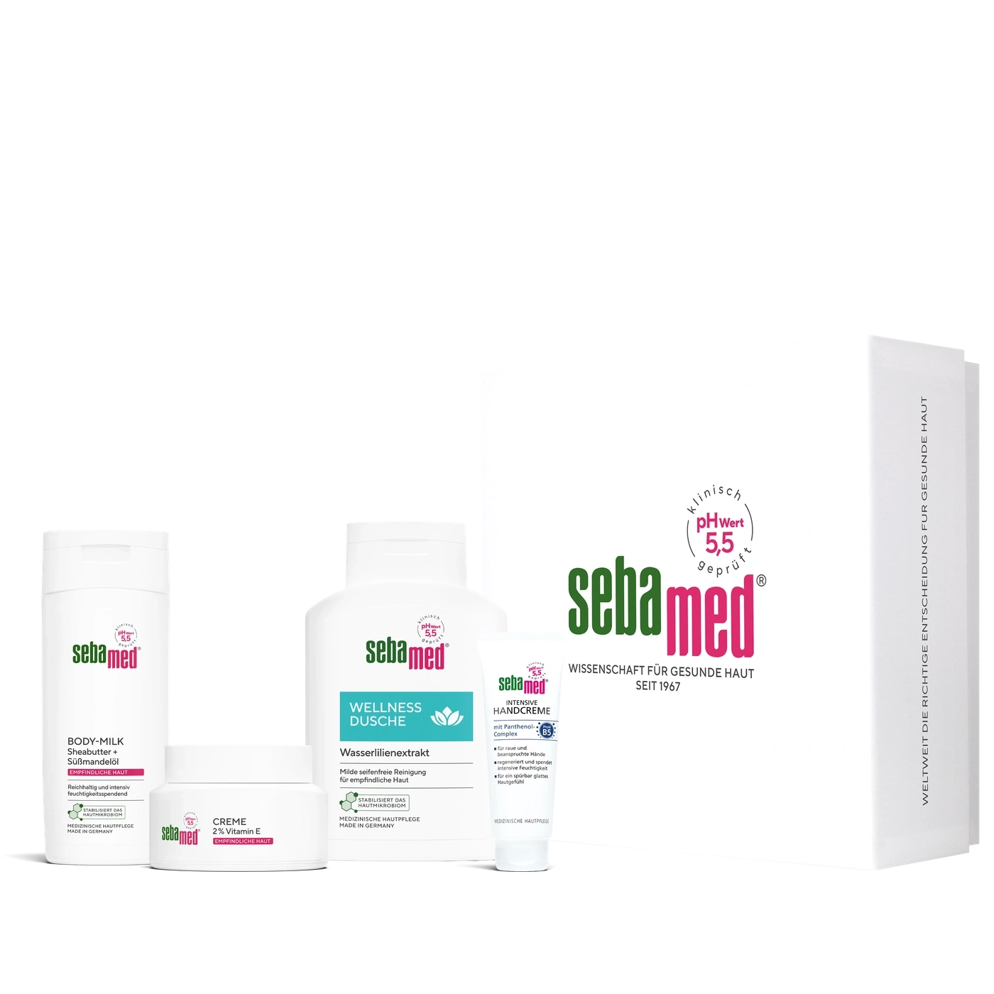 Sebamed Produkte: Body-Milk, Wellness Dusche, Handcreme und Creme mit Vitamin E.