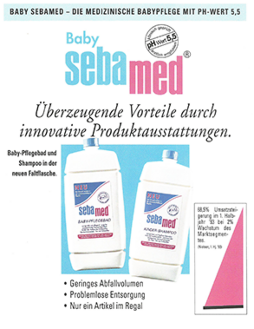 Werbung für Baby Sebamed Produkte, zeigt Flaschen und Text über Vorteile.