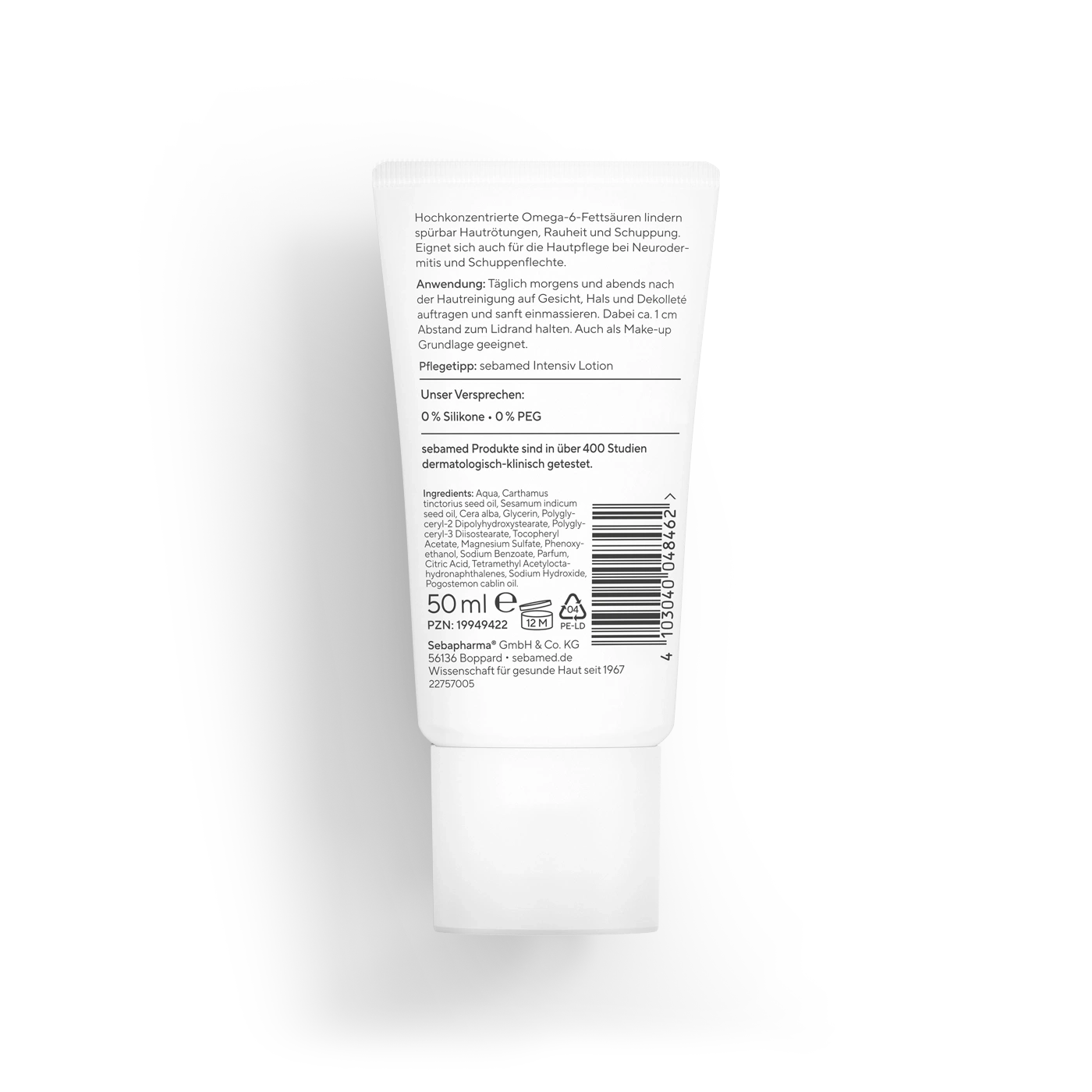 Der Sebamed intensive Hautpflege-Body-Lotion-Behälter hat einen Aufkleber mit Produktinformationen.