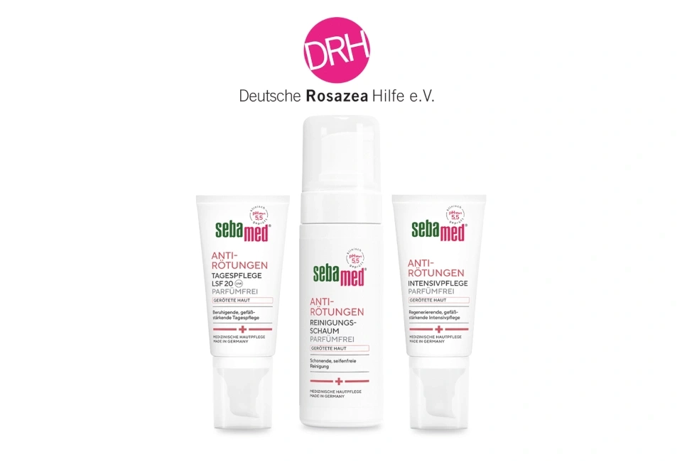 Sebamed Anti-Rötungen Produkte für gerötete Haut, mit DRH Logo.