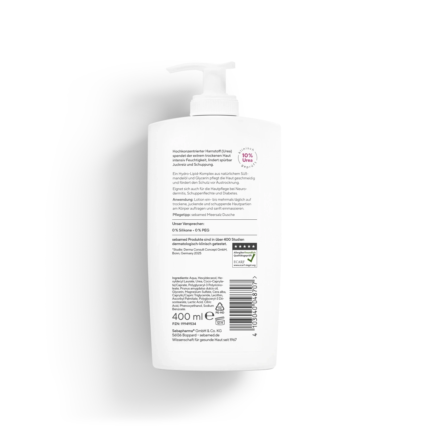 Akut Lotion parfümfrei Urea 10% mit Spender 400 ml Parfümfreie Feuchtigkeitskörperpflege mit 10% Urea