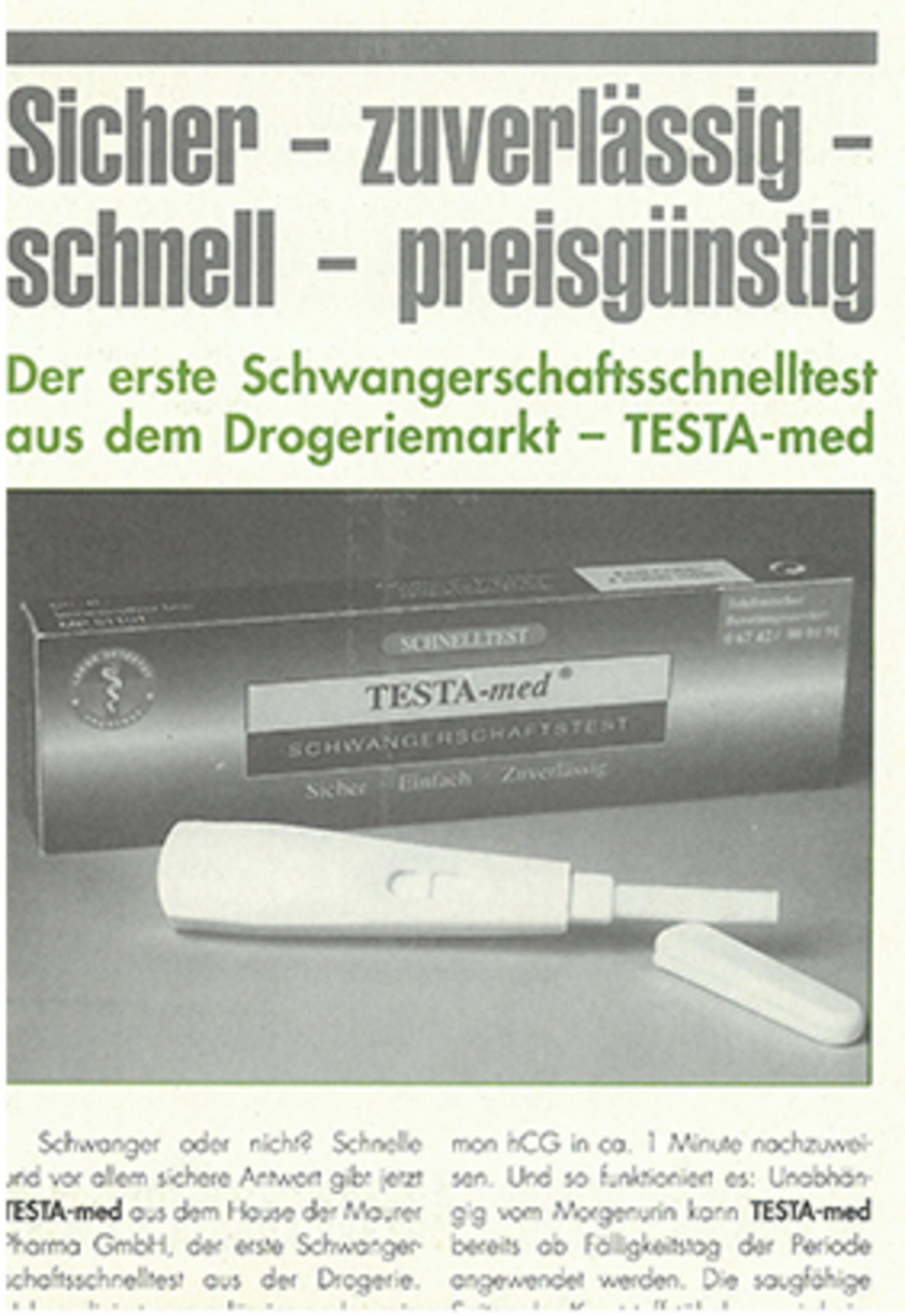Werbung für Schwangerschaftstest TESTA-med: sicher, schnell, zuverlässig, preisgünstig.