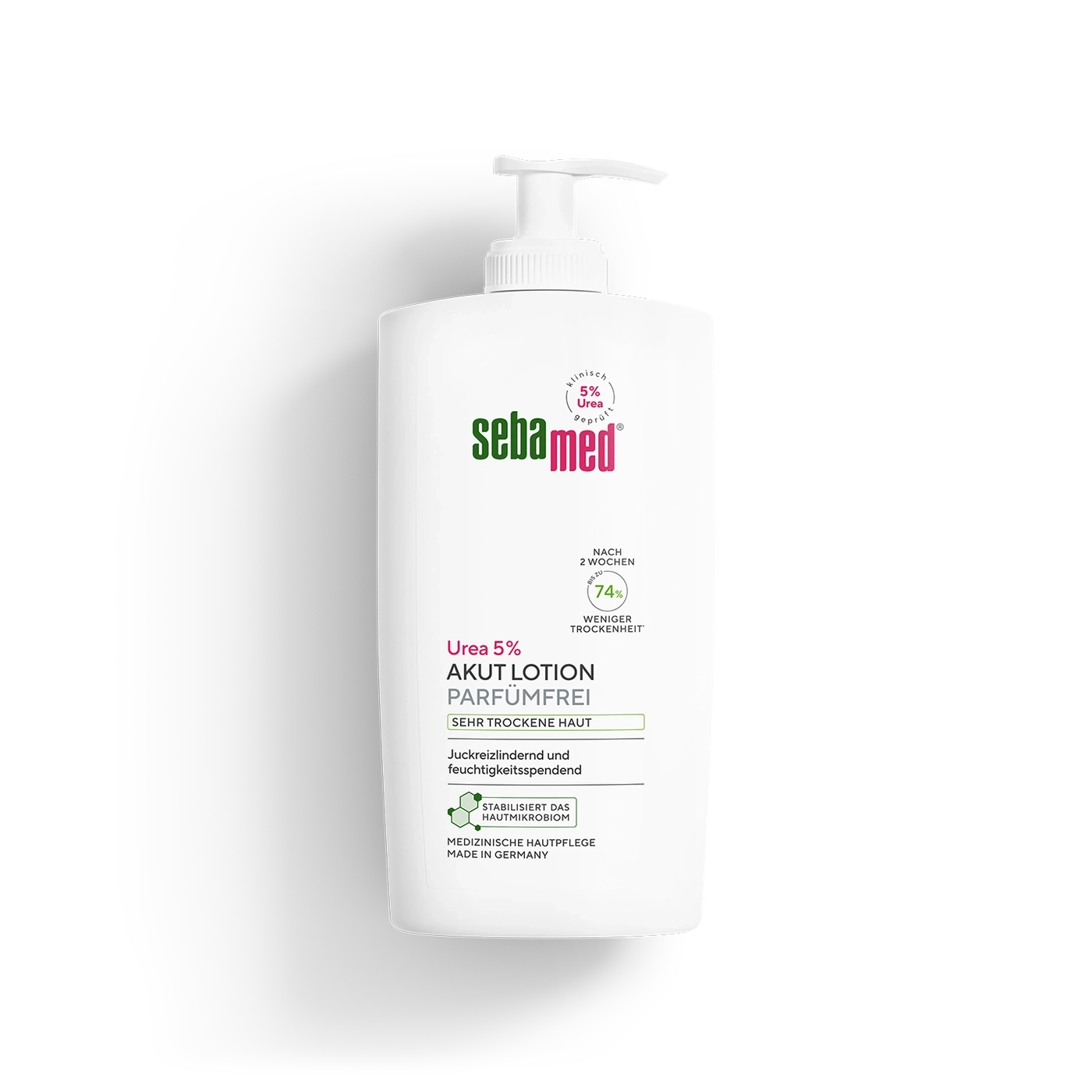 Sebamed Urea 5% Akut Lotion, parfümfrei, für sehr trockene Haut, beruhigt und spendet Feuchtigkeit.