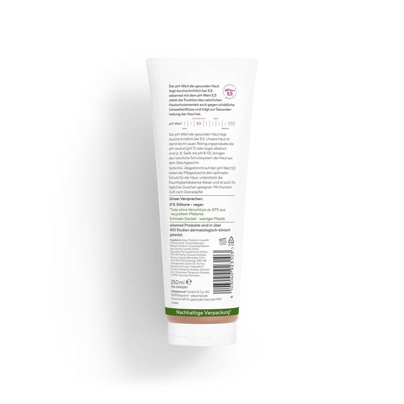 Das "sebamed" Duschgel ist mit einem pH-Wert von 5,5 formuliert, um die natürliche Schutzfunktion der Haut zu unterstützen. Die Tube besteht aus 57% recyceltem Material.