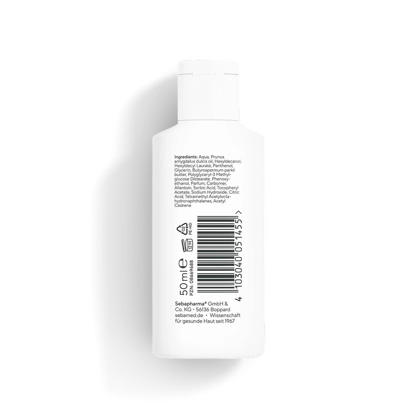 Sebamed-Produktflasche mit Inhaltsstoffen und Barcode, 50ml, Hautpflege