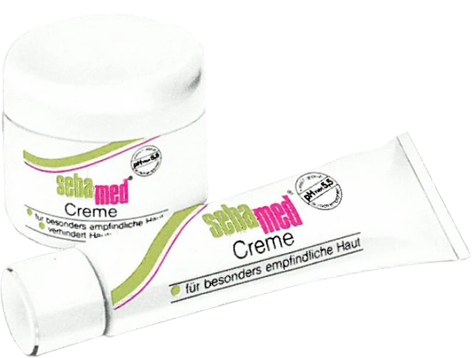 Sebamed Creme für empfindliche Haut, zwei Produkte, weiß, grün, rosa.