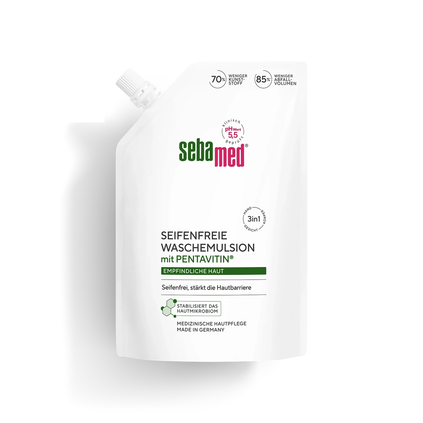 Sebamed Seifenfreie Waschemulsion mit Pentavitin für empfindliche Haut, 70% weniger Plastik, 85% weniger Verpackungsmüll, pH 5,5.