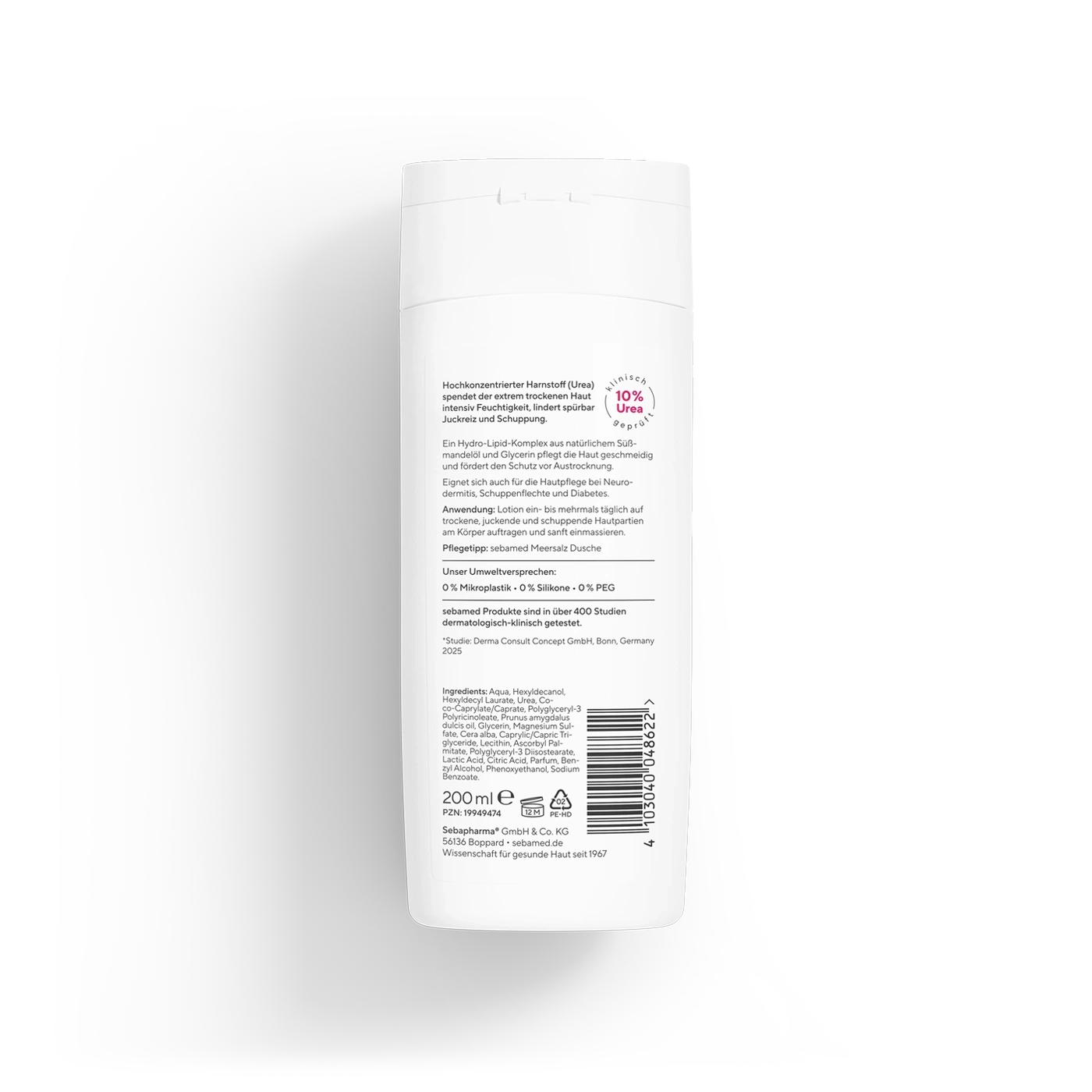 Eine Flasche Sebamed Feuchtigkeitslotion mit konzentriertem Harnstoff.