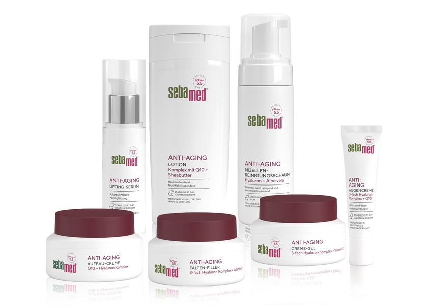 Sebamed Anti-Aging Produkte: Lotion, Serum, Reinigungschaum, Creme-Gel, Augencreme und Filler.
