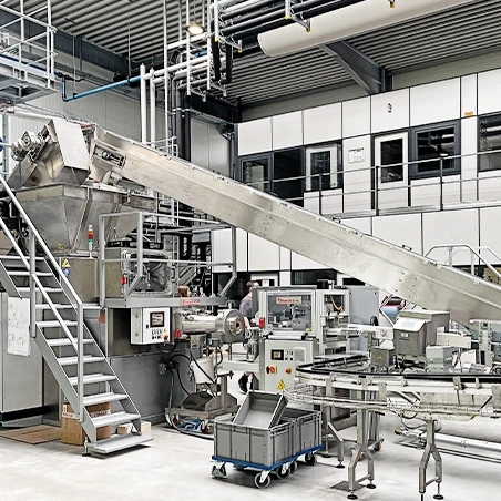Fabrik mit Förderband und Produktionsanlagen in einer Halle