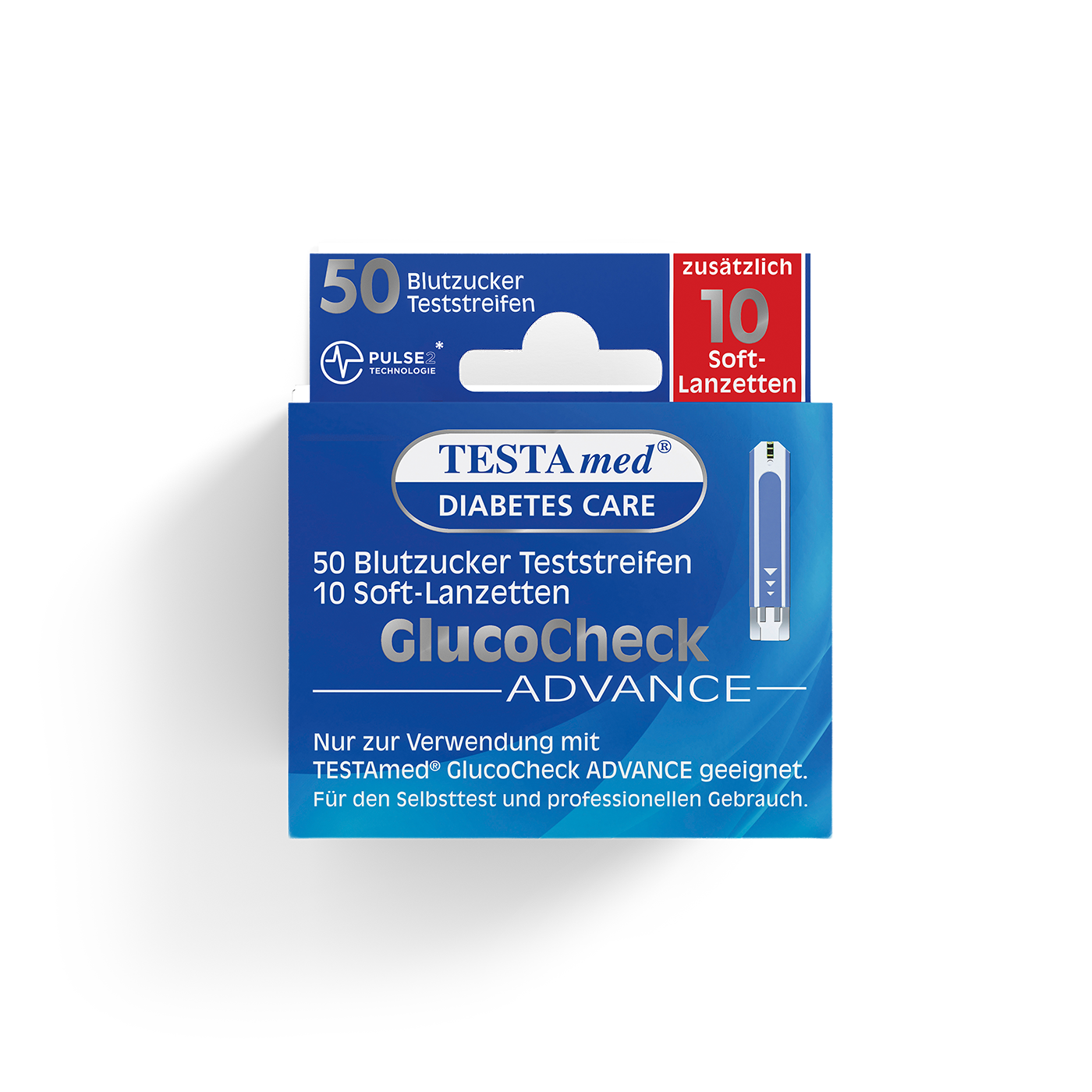Packung mit 50 Blutzucker Teststreifen und 10 Soft-Lanzetten für Glucocheck Advance