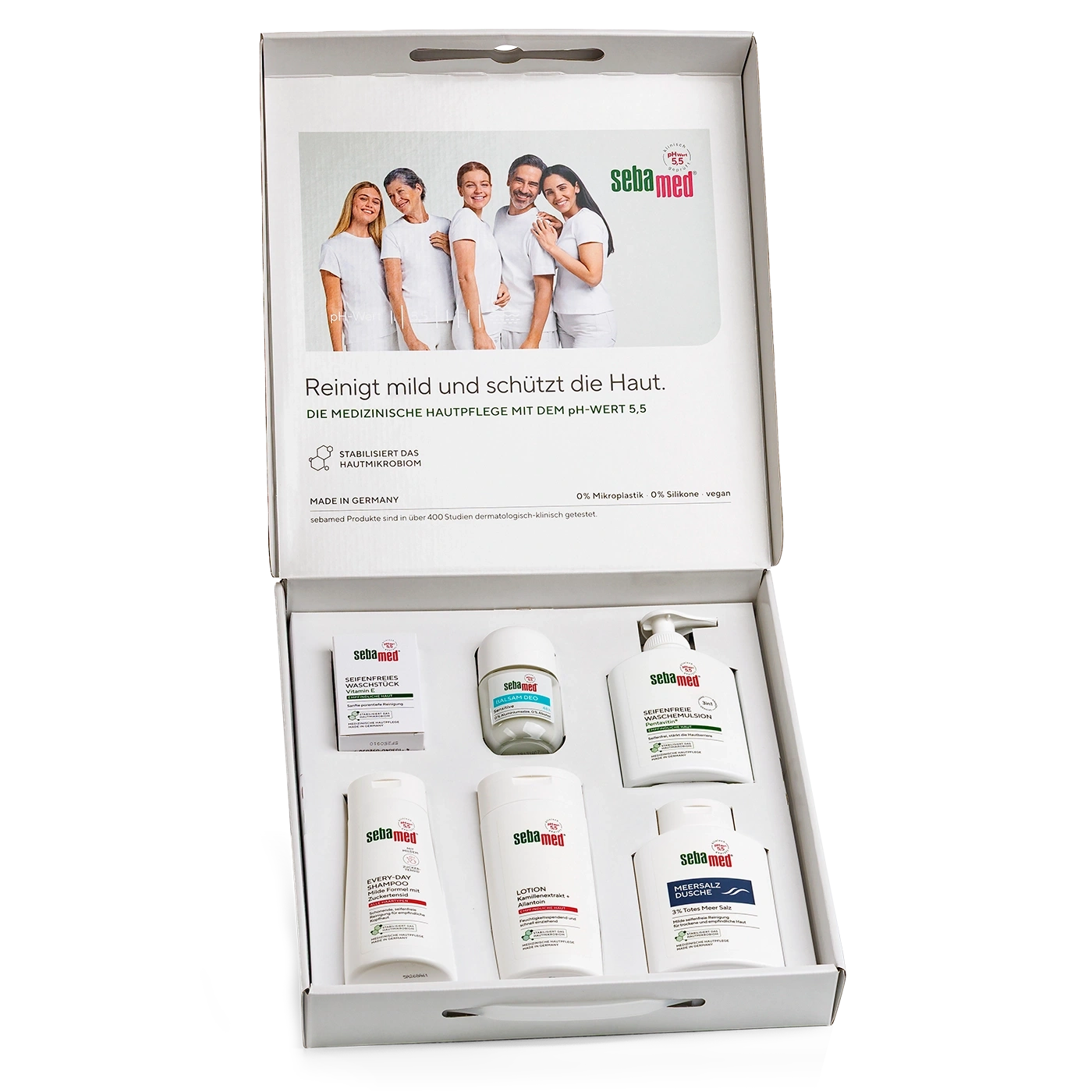 Ein Sebamed Pflege-Set mit verschiedenen Hautpflegeprodukten in einer weißen Geschenkbox.