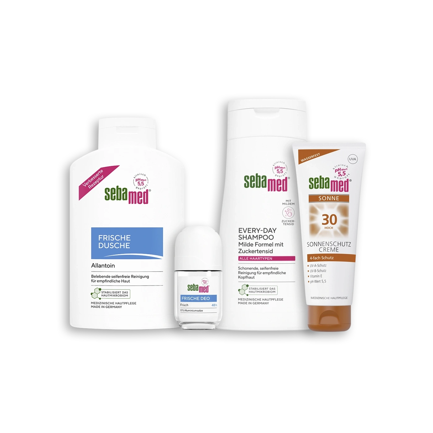 Sebamed Produkte: Duschgel, Shampoo, Deo und Sonnencreme.