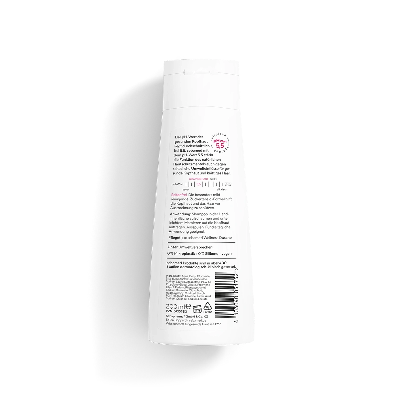 Sebamed Shampoo Flasche mit pH-Wert 5,5 für gesunde Kopfhaut und kräftiges Haar.