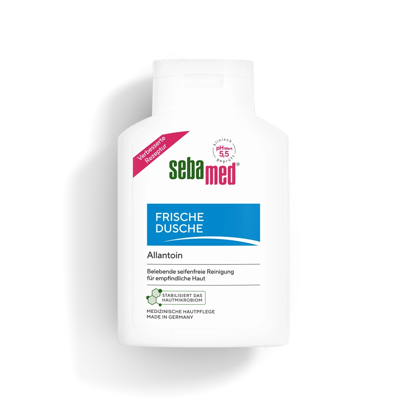 Eine Flasche Sebamed Frische Dusche mit Allantoin für empfindliche Haut.