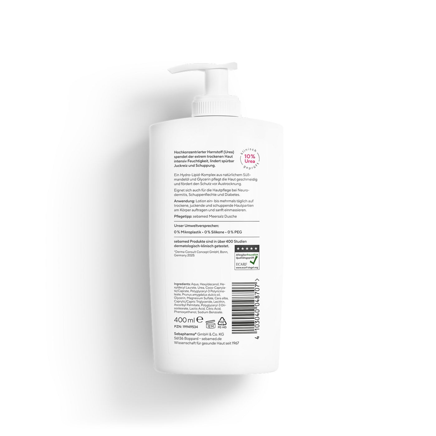 Eine weiße Flasche mit einer Spenderpumpe und Produktinformationen.