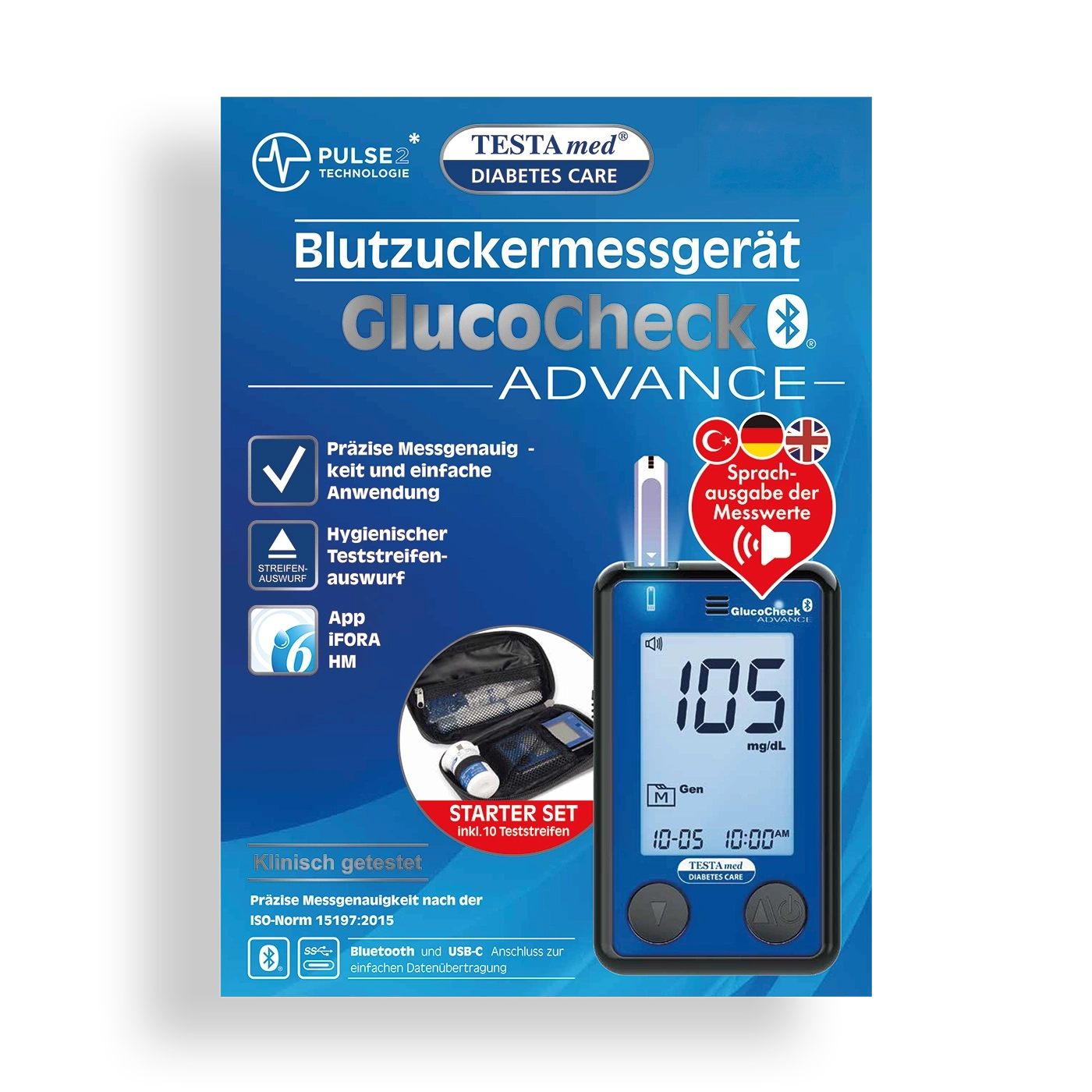 Ein Glukosemessgerät mit Zubehör und Funktionen.