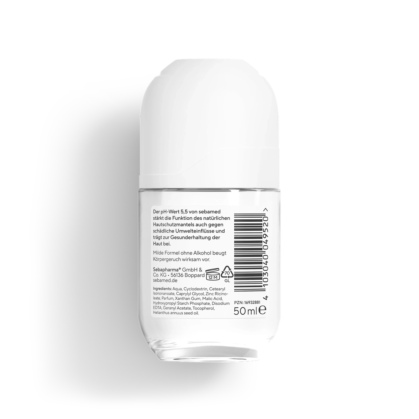 Ein Sebamed Deodorant Roller mit 50 ml Inhalt und Inhaltsstoffen.