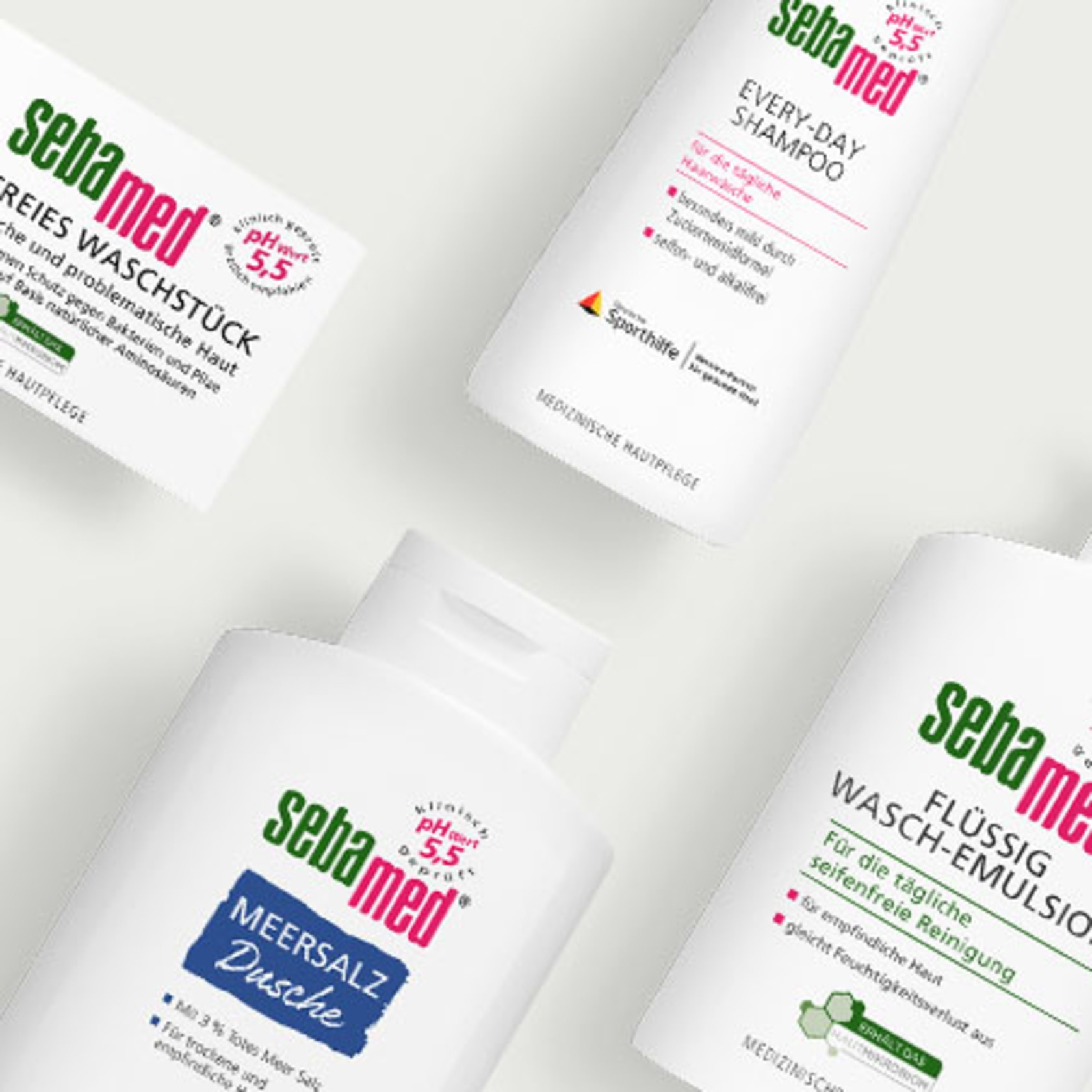 Sebamed-Produkte: Waschstück, Shampoo, Meersalz Dusche und Wasch-Emulsion