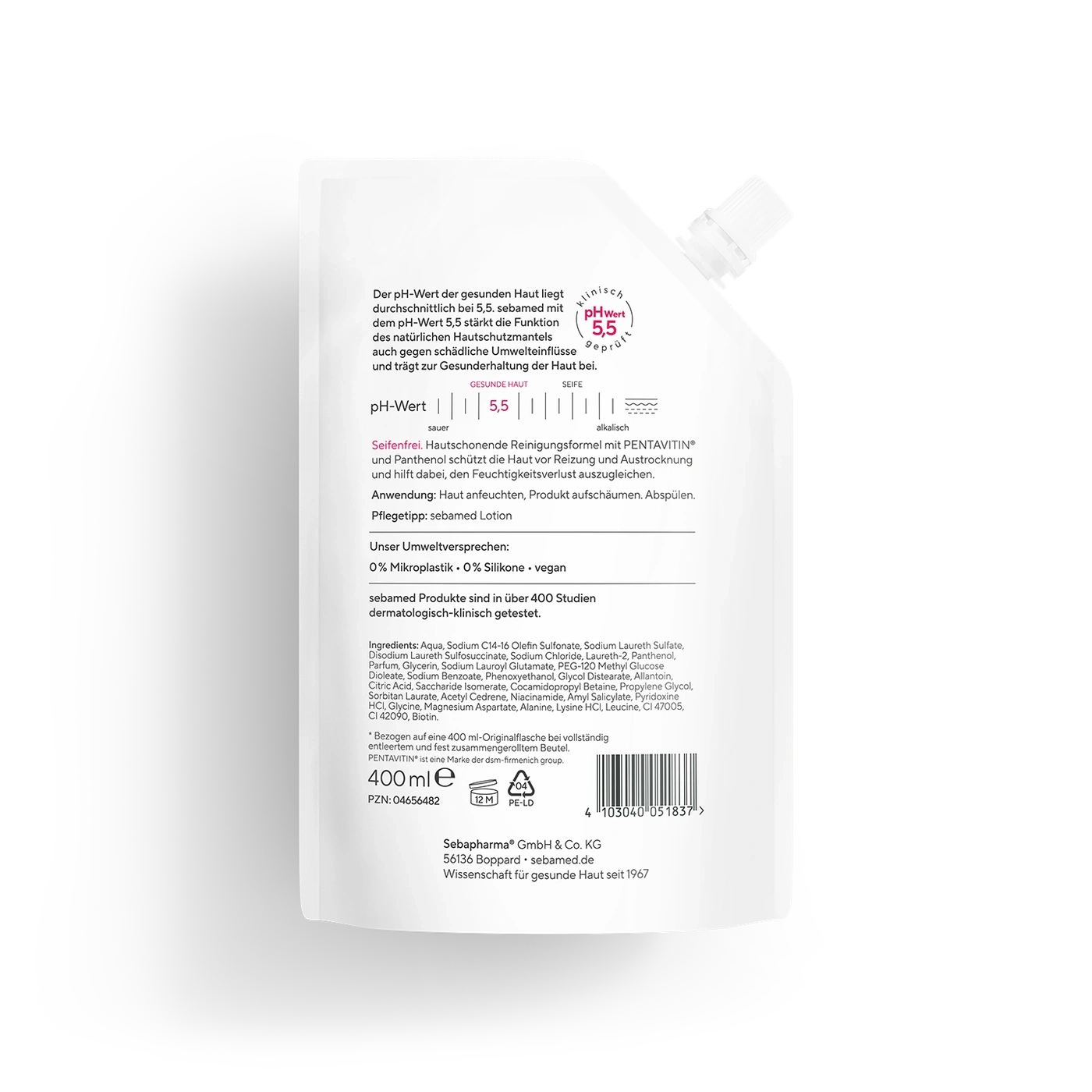 Ein weißer Beutel mit einem weißen Schraubverschluss, der Sebamed Lotion enthält.