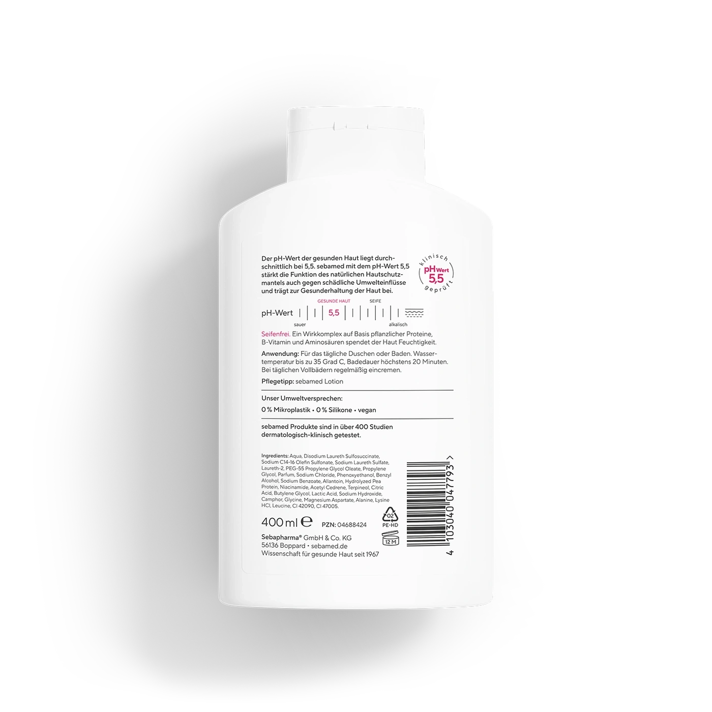 Sebamed-Produktflasche mit pH-Wert 5,5, 400 ml, dermatologisch getestet, seifenfrei.