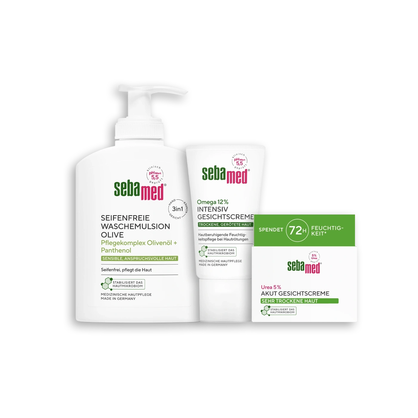 Sebamed Hautpflege-Set: Seifenfreie Waschemulsion, intensive Gesichtscreme und Akut Gesichtscreme für trockene Haut.