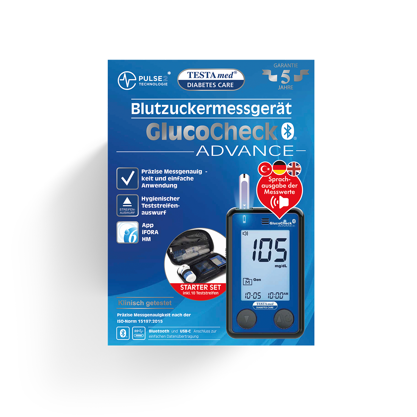 Blutzuckermessgerät GlucoCheck ADVANCE mit Zubehör und 5 Jahre Garantie.