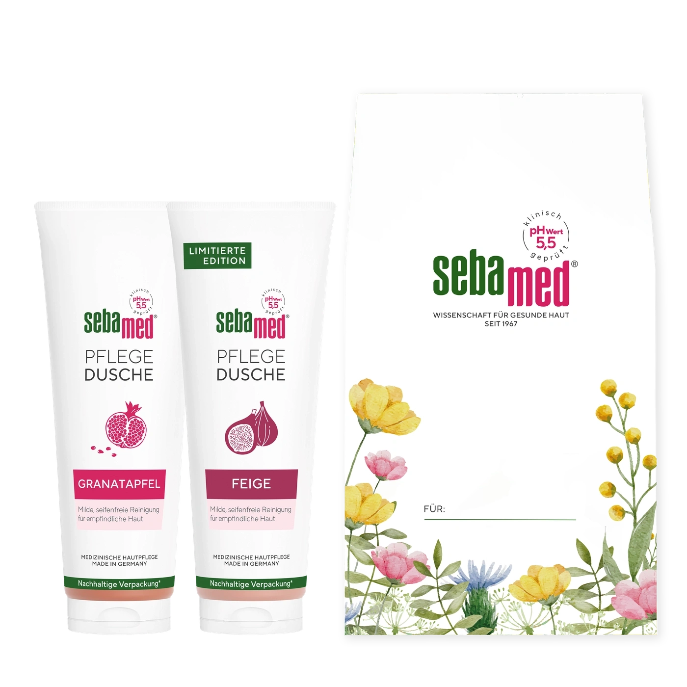 Sebamed Duschpflege mit Granatapfel und Feige, limitierte Edition, nachhaltige Verpackung.