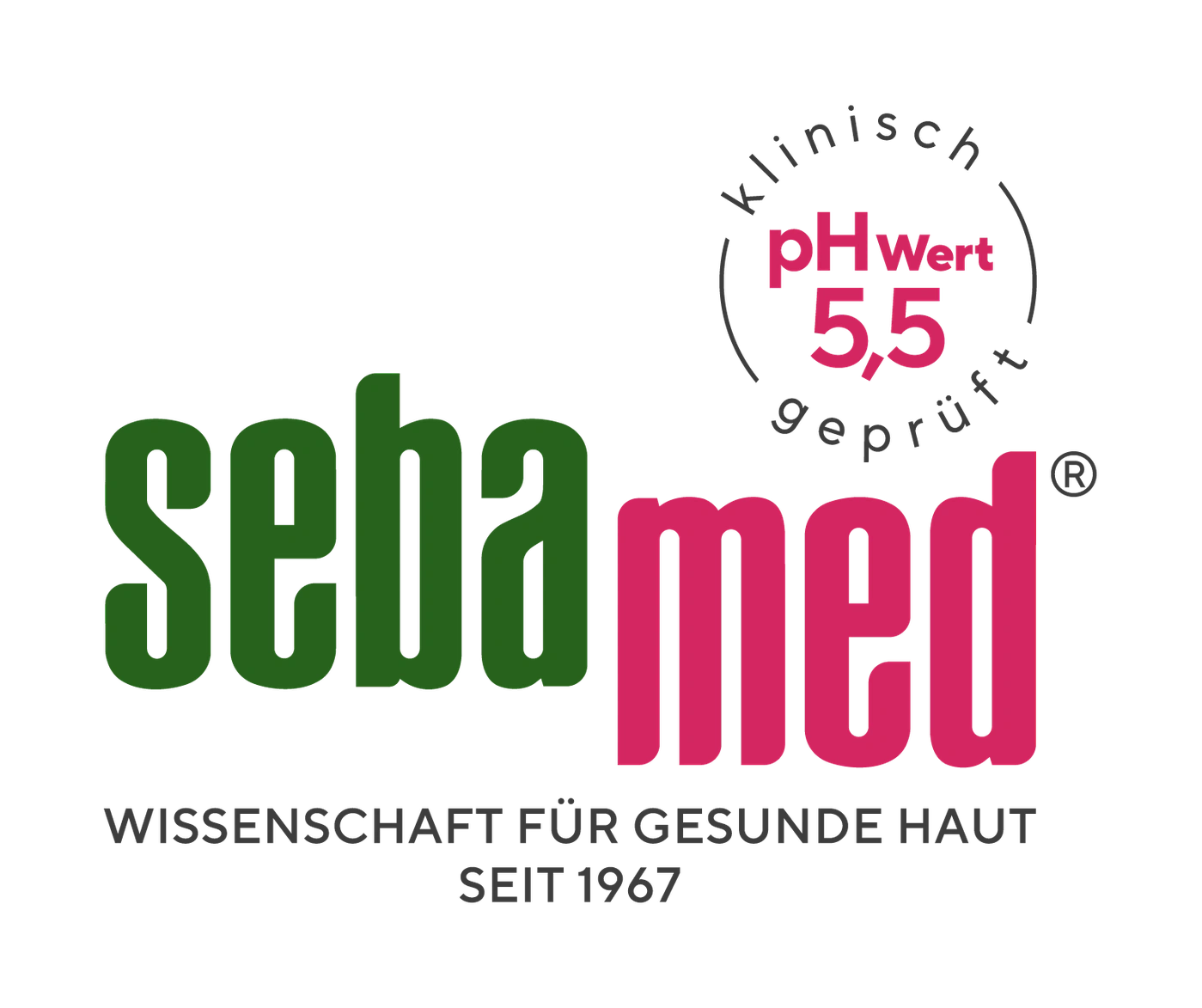 Sebamed Logo mit pH-Wert 5,5 und Text über gesunde Haut seit 1967