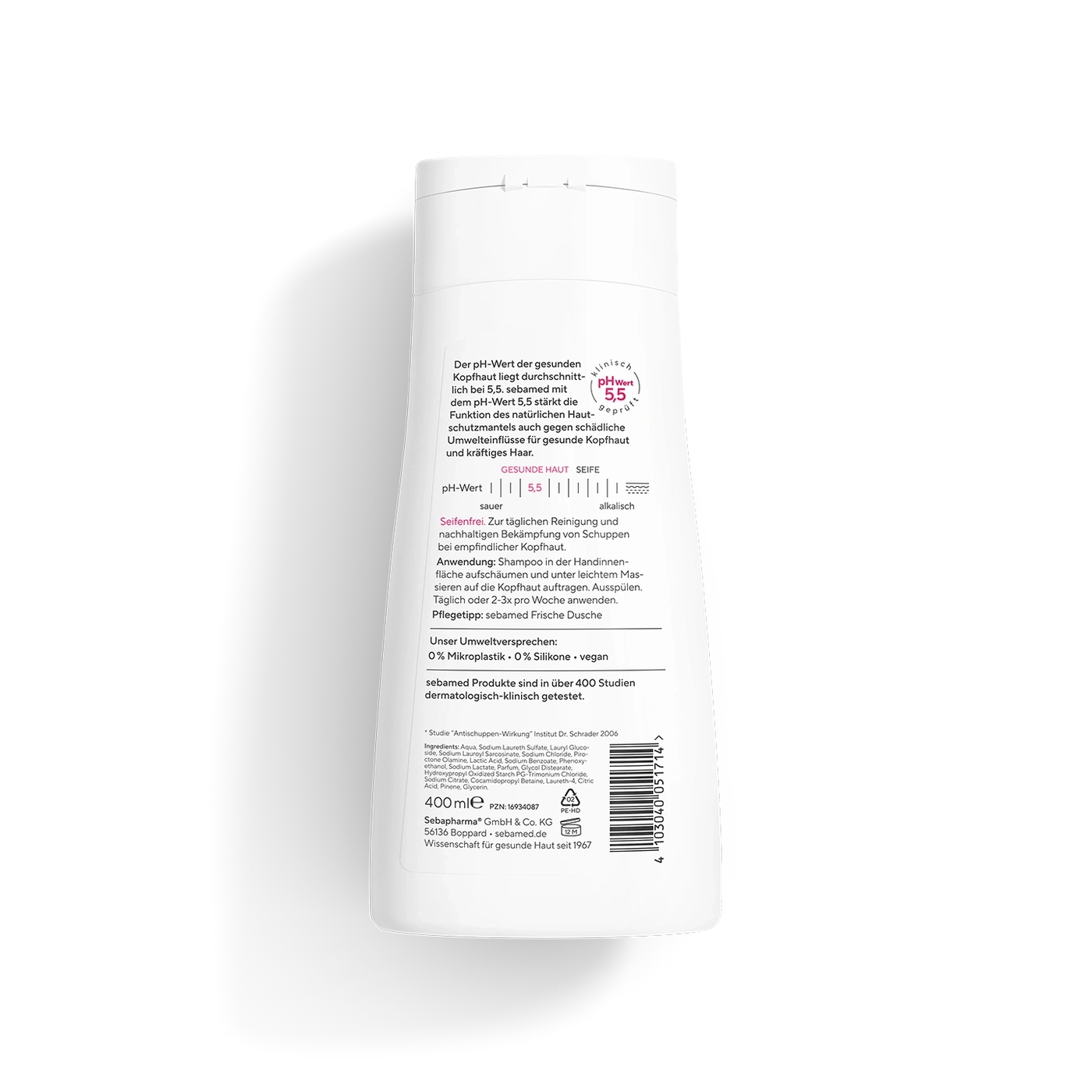 Sebamed Shampoo Flasche mit pH-Wert 5,5 für gesunde Kopfhaut und kräftiges Haar.