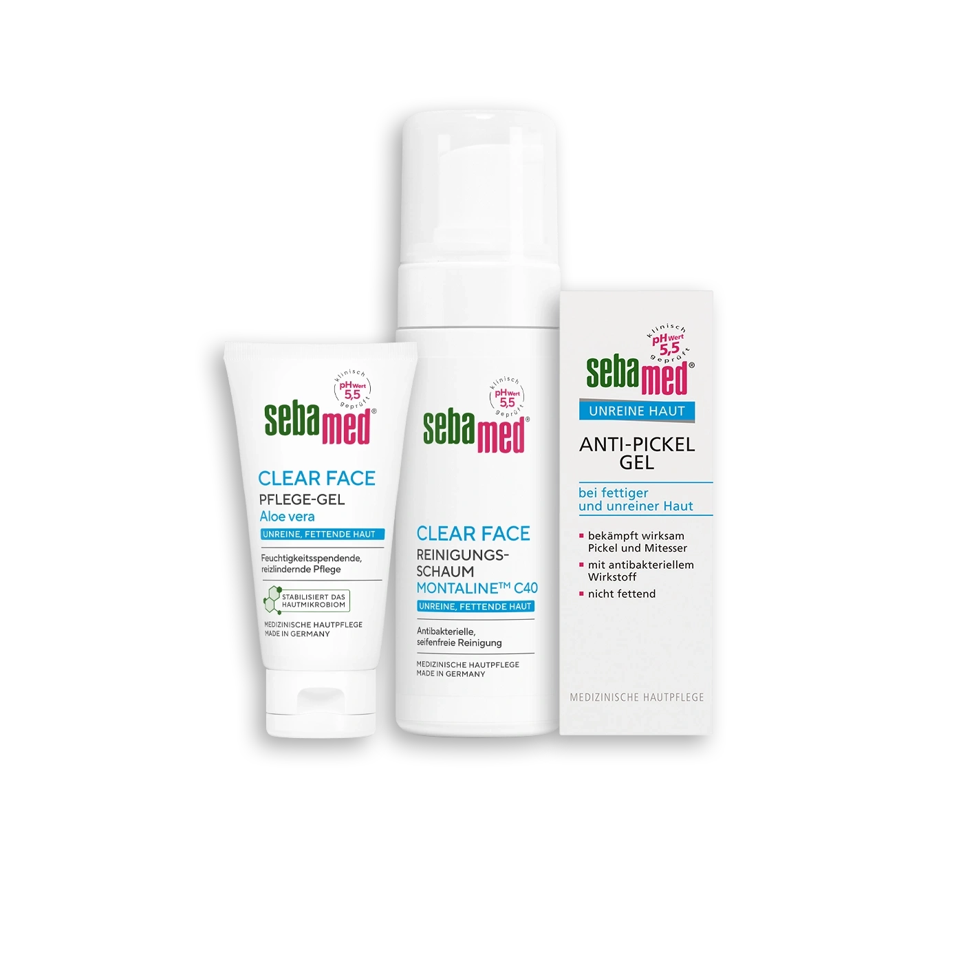 Sebamed Clear Face Pflege-Gel, Reinigungsschaum und Anti-Pickel Gel für unreine Haut.