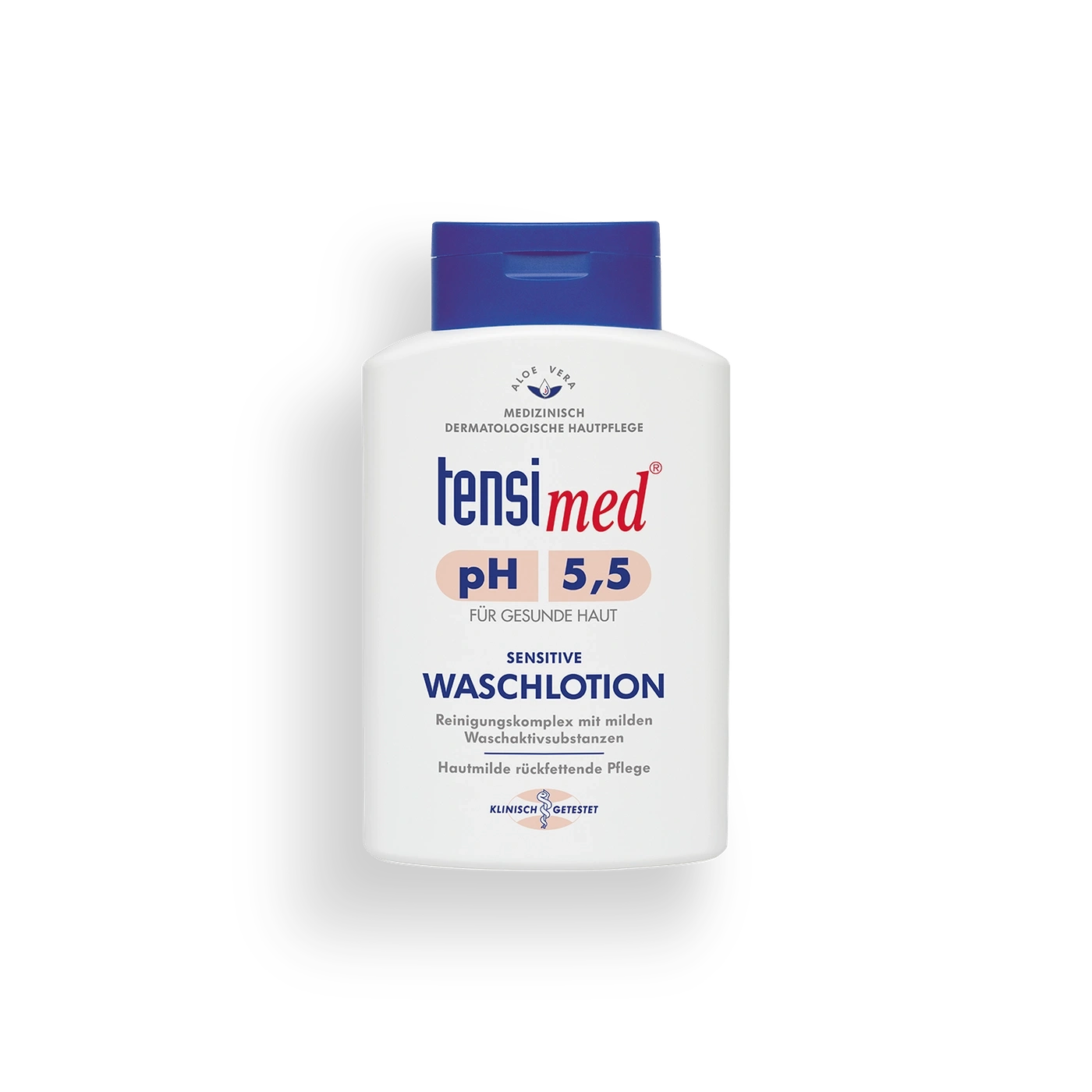 Eine Flasche tensi med Waschlotions für empfindliche Haut, klinisch getestet.